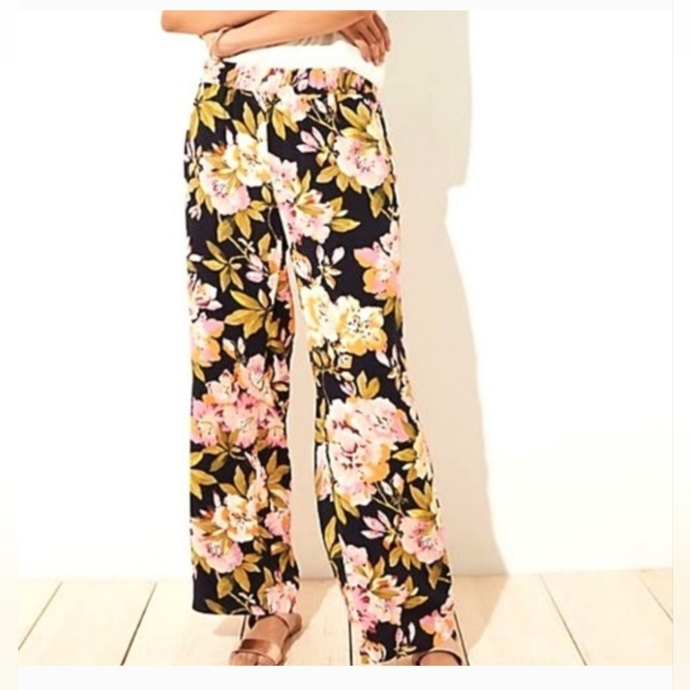 LOFT Black Floral Wide-Leg Pants